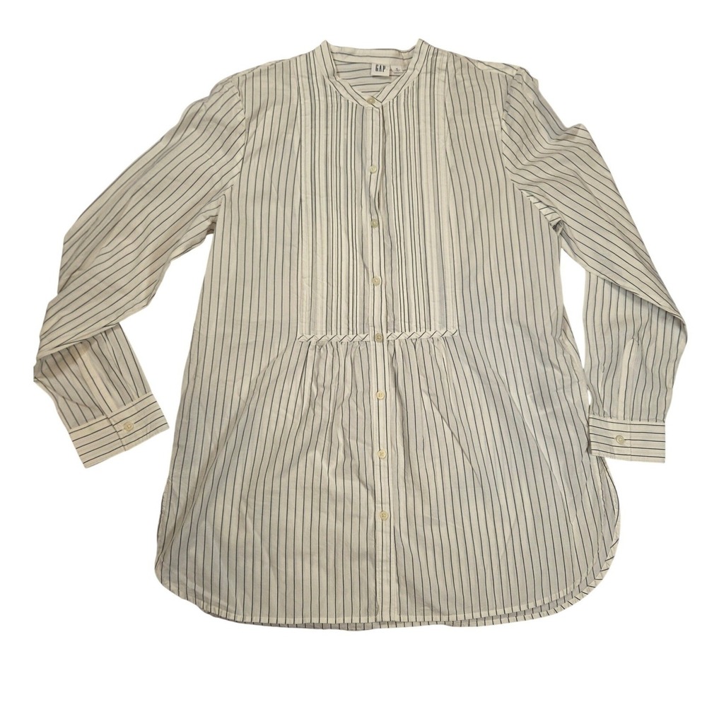 GAP women sz M White stripe Tunic long sleeve blouse oversized trendy casual top